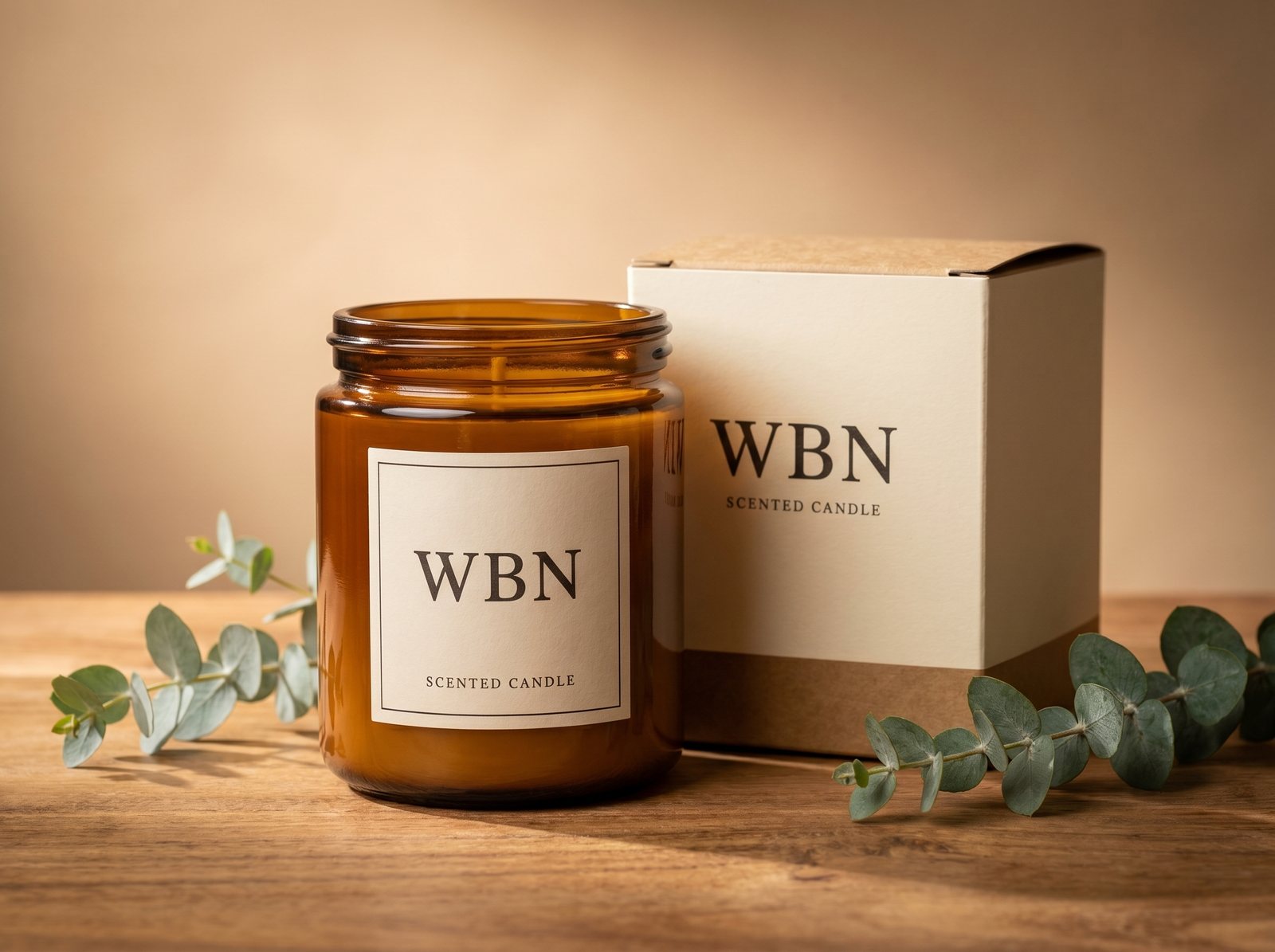 WBN dišeča sveča z darilno škatlo, produktna fotografija, ustvarjena z AI