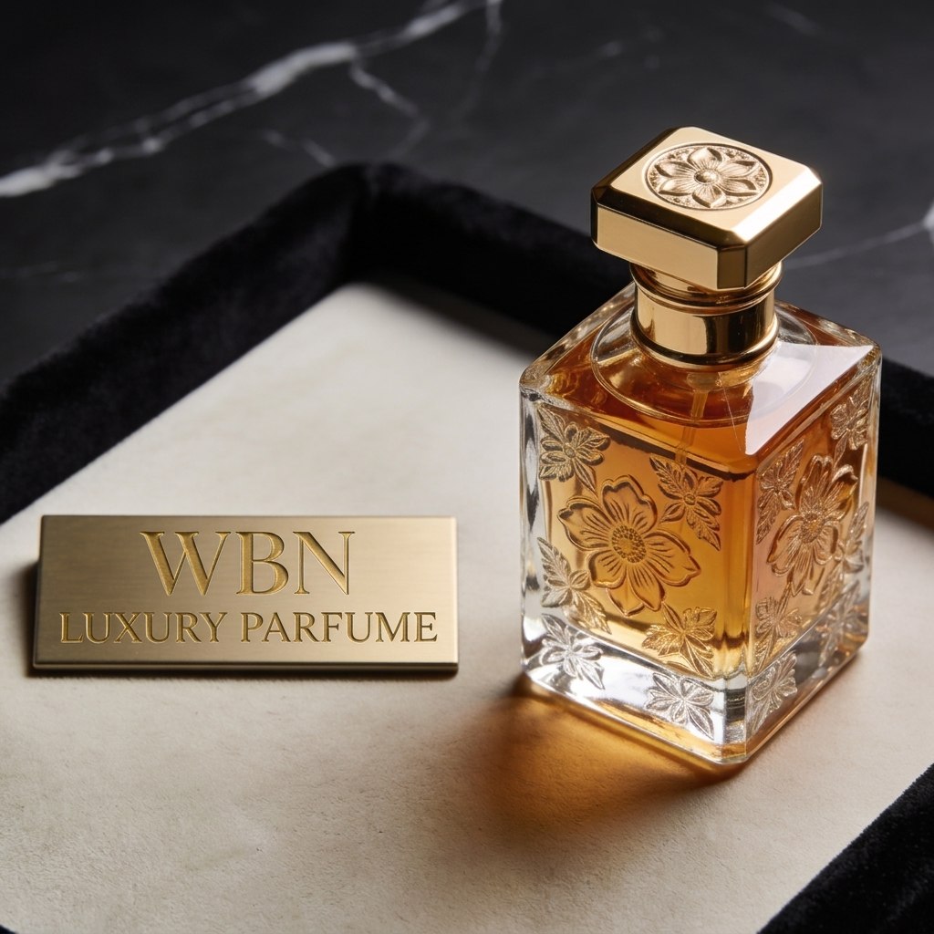 WBN Luxury Parfume, zlata steklenička parfuma na črnem marmorju, produktni vizual studijske kakovosti
